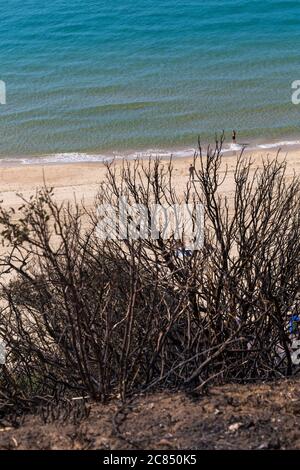 Bournemouth, Dorset UK. 21st July 2020. Aftermath of fire at West Cliff beach, Bournemouth which started in beach hut, showing charred remains of cliffside.  Credit: Carolyn Jenkins/Alamy Live News Stock Photo