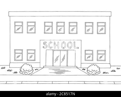 School building graphic black white sketch illustration vector Stock ...