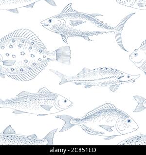 Fish graphic color seamless pattern background sketch illustration vector Stock Vector