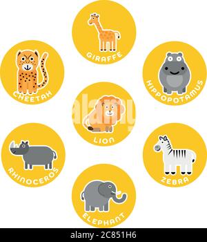 African savanna wild animals collection. Set of 7 cartoon characters in the circle with name labels. Vector illustration. Stock Vector