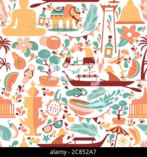 Asia Culture set of bruight icons in seamless pattern - Bangkok Thailand Vector Illustration on white background. Stock Vector