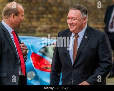 London, UK. 21st July, 2020. US Secretary of State Michael R. Pompeo is in Downing Street to meet with Prime Minister Boris Johnson and Foreign Secretary Dominic Raab to discuss global priorities, including the COVID-19 economic recovery plans, issues related to the People's Republic of China (P.R.C.) and Hong Kong, and the U.S.-U.K. Free Trade Agreement negotiations. Credit: Guy Bell/Alamy Live News Stock Photo