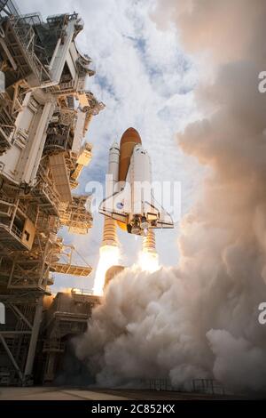 Washington, United States. 21st July, 2020. When space shuttle Atlantis launched on July 8, 2011, on the STS-135 mission carrying the Raffaello multipurpose logistics module and delivering supplies and spare parts to the International Space Station, it was the orbiter's final flight and the end of an era. Chris Ferguson commanded the mission, and Doug Hurley, commander of SpaceX's Crew Dragon Demo-2, was its pilot. Also aboard were Rex Walheim and Sandy Magnus. NASA/UPI Credit: UPI/Alamy Live News Stock Photo