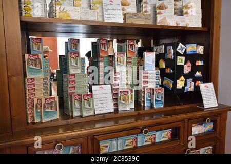 AVEIRO, PORTUGAL – JUNE 10, 2017: Container of sardines in olive oil in Aveiro shop. Aveiro is popular tourists destination, also known as Venice of P Stock Photo