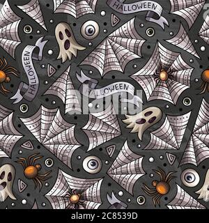 Cartoon cute hand drawn Halloween seamless pattern Stock Vector