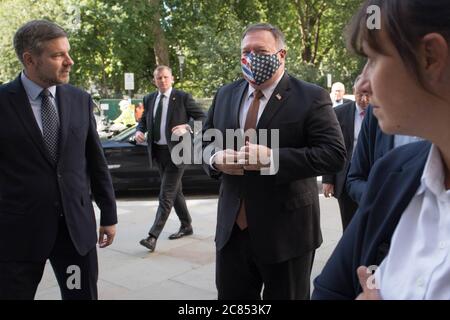 United States Secretary of State, Mike Pompeo arrives at the In And Out Club in London to meet backbench MPs and members of the Henry Jackson Society ahead of meetings with Prime Minister Boris Johnson and Foreign Secretary Dominic Raab. Stock Photo