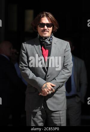 London, UK. 21st July, 2020. American actor Johnny Depp arrives at the High Court in London where he is suing the Sun newspaper over an article that claimed he was a 'wife beater' on Tuesday, July 21, 2020. The trial is expected to last for two weeks. Photo by Hugo Philpott/UPI Credit: UPI/Alamy Live News Stock Photo