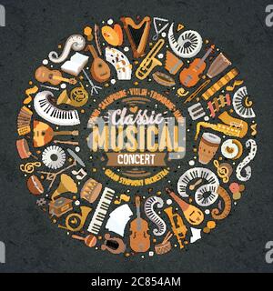 Set of vector cartoon doodle classic musical instruments and objects collected in a circle border Stock Vector