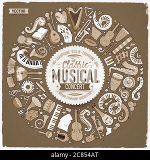 Set of vector cartoon doodle classic musical instruments and objects collected in a circle border Stock Vector