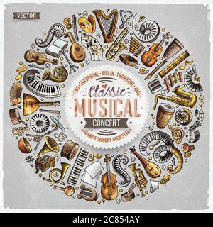Set of vector cartoon doodle classic musical instruments and objects collected in a circle border Stock Vector