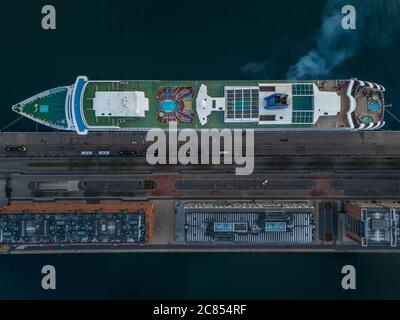 Copenhagen Denmark - December 23 2018: An aerial picture P&O cruise ship Aurora docked in the port of Copenhagen in Denmark during Christmas Stock Photo