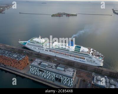 Copenhagen Denmark - December 23 2018: An aerial picture P&O cruise ship Aurora docked in the port of Copenhagen in Denmark during Christmas Stock Photo