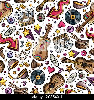 Cartoon hand-drawn musical instruments seamless pattern Stock Vector