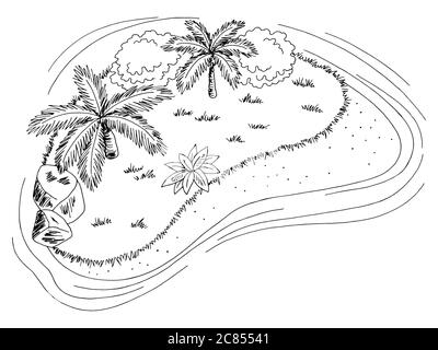 Island top aerial view graphic black white landscape sketch illustration vector Stock Vector