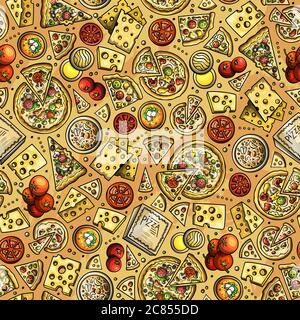 Cartoon cute hand drawn Pizza seamless pattern. Stock Vector