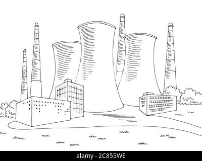 Nuclear power plant graphic black white landscape sketch illustration vector Stock Vector
