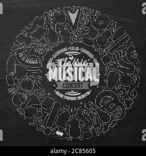 Set of vector cartoon doodle classic musical instruments and objects collected in a circle border Stock Vector