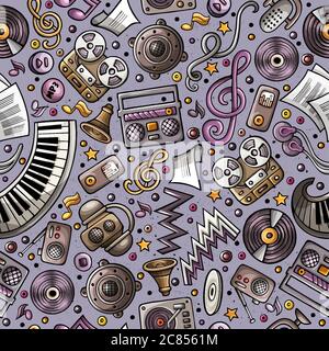 Cartoon hand-drawn musical instruments seamless pattern Stock Vector