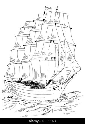 Sailing ship graphic black white sea sketch illustration vector Stock Vector