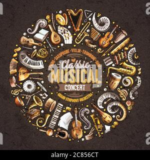Set of vector cartoon doodle classic musical instruments and objects collected in a circle border Stock Vector