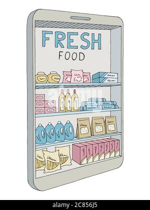 Mobile phone grocery shelves graphic color isolated sketch illustration vector Stock Vector