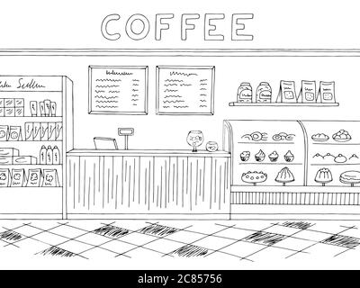 Cafe interior restaurant graphic black white sketch vertical ...