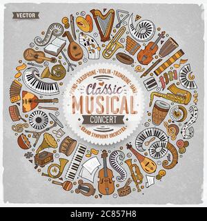 Set of vector cartoon doodle classic musical instruments and objects collected in a circle border Stock Vector