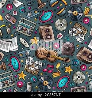 Cartoon hand-drawn musical instruments seamless pattern Stock Vector