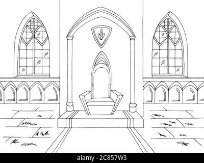 Throne room graphic castle interior black white medieval sketch illustration vector Stock Vector