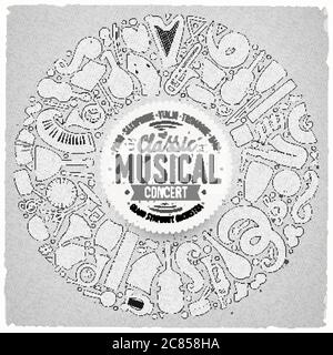 Set of vector cartoon doodle classic musical instruments and objects collected in a circle border Stock Vector