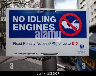 London, UK - October 30 2018: Street signage in central London forbids drivers from leaving their engines running when parked