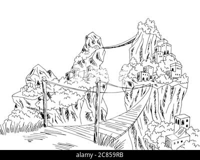 Bridge over the abyss graphic black white landscape illustration vector ...