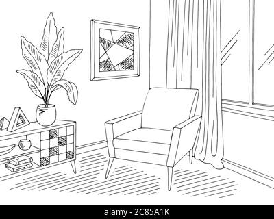 Living room graphic black white home interior sketch illustration vector Stock Vector