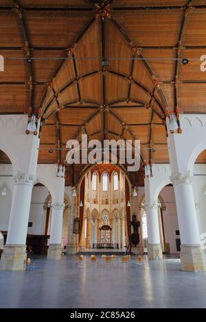 THE HAGUE, NETHERLANDS - JUNE 20, 2020: The interior of Grote of Sint Jacobskerk (historic church with an iconic tower),with a wooden vaulted ceilling Stock Photo