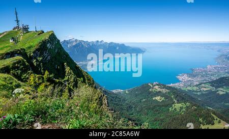 Top panoramic view of Geneva lake taken from Rochers-de-Naye or rocks of Naye mountain with summit view in Swiss Alps Switzerland Stock Photo