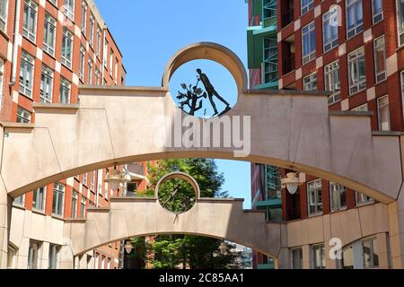 THE HAGUE, NETHERLANDS - JUNE 20, 2020: Modern urban development located on Muzenplein, with a focus on modern statues Stock Photo