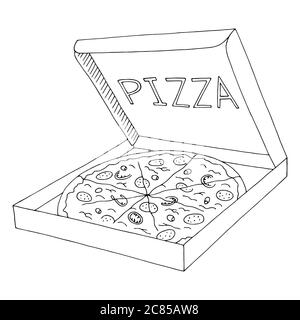 Pizza in box graphic fast food black white sketch isolated illustration vector Stock Vector