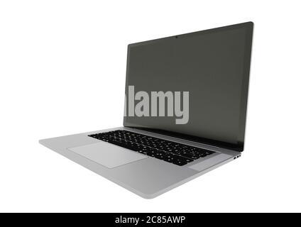 Laptop realistic computer in mockup style. Laptop isolated on a white background. Side view of Open laptop computer. Modern thin edge slim design. Stock Photo