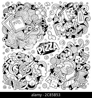 Line art vector hand drawn doodles cartoon set of Pizza combinations Stock Vector