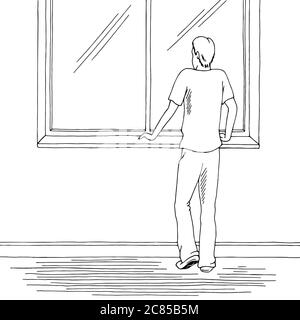 Man stay at home looking out the window graphic black white sketch illustration vector Stock Vector