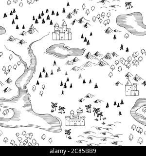 Old map retro graphic black white seamless pattern background sketch illustration vector Stock Vector