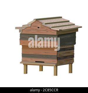 Beehive isolated on white background. Old wooden bee hive. Cartoon illustration hive for beekeeping, bee colony housing. Apiculture icon. Stock vector Stock Vector
