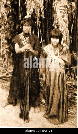 Described as a  1901 photograph of two Chunchos - also known as  Ch'unchus (A now derogative term for any native of the Montana region of the Peruvian forests). It is in common use amongst the   Quechua and Aymara languages and amongst the  Asháninka and   Ese Ejja ethnic groups of Peru for any  native peoples of the Peruvian Amazon.   . Stock Photo