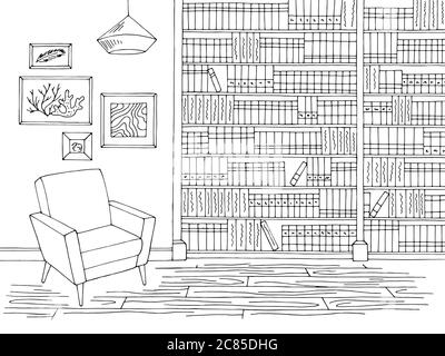 Library interior graphic black white sketch illustration vector Stock Vector