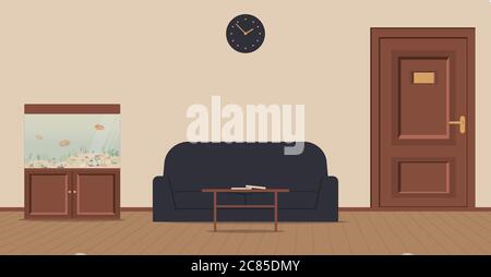 Office corridor on a cream background: waiting area for visitors with aquarium with fish,sofa and wooden boards on the floor.The door to the cabinet Stock Vector