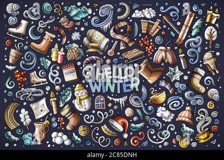 Cartoon set of Winter season objects Stock Vector