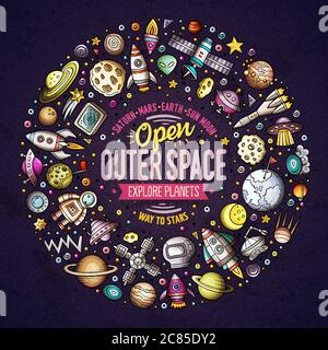 Set of space cartoon doodle objects, symbols and items Stock Vector