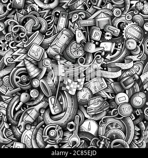 Cartoon cute doodles Automotive seamless pattern Stock Vector