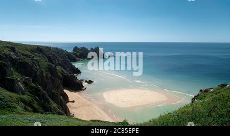 Pedn Vounder has now been listed as the 22nd best beach in the world by Big Seven Travel. ,Porthcurno, Cornwall. 21st June 2020. UK Weather: Pedn Vounder Beach, Cornwall's lovliest beach Credit: kathleen white/Alamy Live News Stock Photo