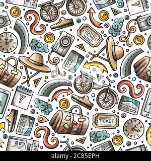 Cartoon Traveling seamless pattern with lots of objects Stock Vector